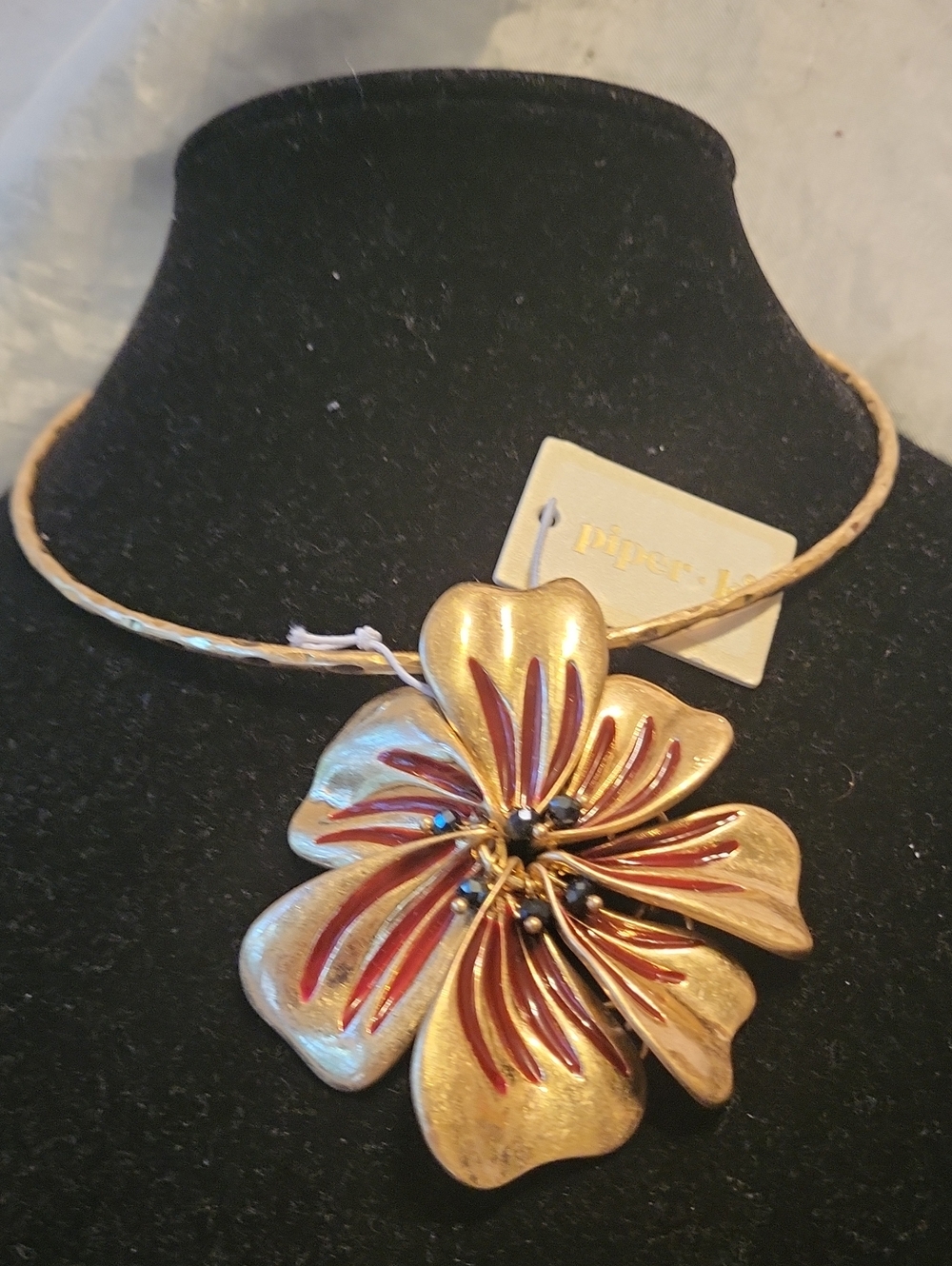 Piper K Gold Floral Necklace with Red and Black Accents TI